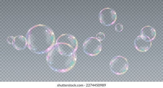 Collection of realistic soap bubbles. Bubbles are located on a transparent background. Vector flying soap bubble. Bubble PNG Water glass bubble realistic png