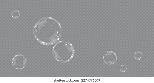 Sammlung von realistischen Seifenblasen. Blasen befinden sich auf transparentem Hintergrund. Vektorfliegende Seifenblase. Bubble PNG Wasserglas-Blase realistische PNG