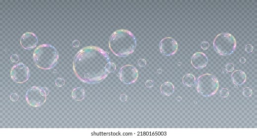 Collection of realistic soap bubbles. Png Bubbles are located on a transparent background. Vector flying soap bubbles