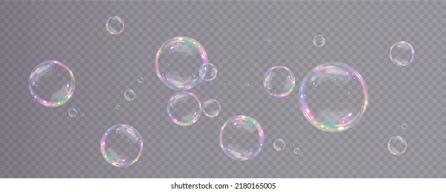 Collection of realistic soap bubbles. Png Bubbles are located on a transparent background. Vector flying soap bubbles - Shutterstock ID 2180165005