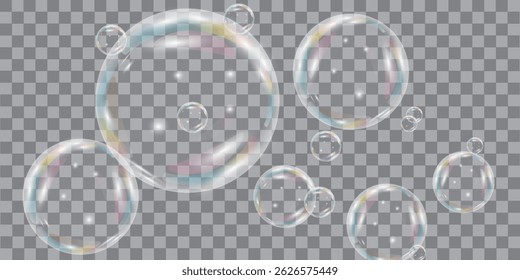 Collection of realistic soap bubbles. Png Bubbles are located on a transparent background. Vector flying soap bubbles. eps 10