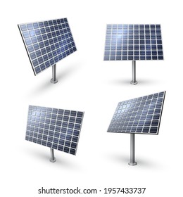 Collection of realistic solar panel vector illustration in isometric style. Set of modern eco friendly source of energy and power isolated on white. Sun battery pv alternative electricity generation