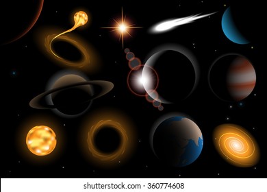 Collection of realistic space objects with galaxy,black hole,quasar,stars,planets,comet