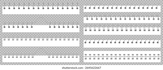 Collection of realistic spiral, coil, and ring binding elements for notebooks, isolated on transparent background. Set of various metal binding styles for sketchbooks, notepads