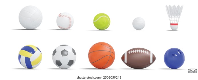 Collection of Realistic sport and ball icon collection isolated on white background. Set of various equipment for sport games.  Sport for healthy life style concept. 3D Vector illustration.