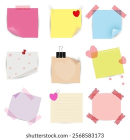 Collection of realistic sticky notes with curled corner.Colored stickers attached with tape, red button and metal paper clip with heart.For your message. Realistic vector illustration.