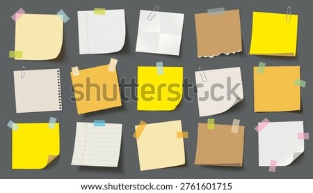 Collection of realistic sticky notes and paper sheets with tape, clips, and curled corners. Yellow, beige, and white memo papers isolated on dark background. Office reminder notes set