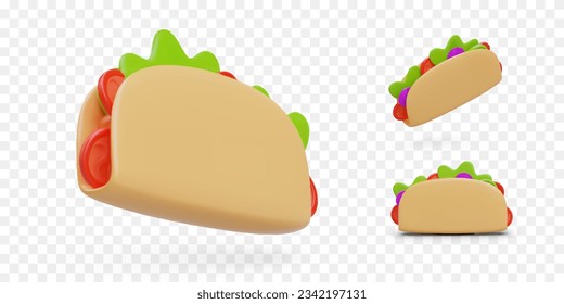 Colección de tacos realistas con relleno vegetariano. Imagen vectorial de color aislada en estilo de dibujos animados. Cocina mexicana caliente. La comida rápida tradicional. Plato que se come con las manos