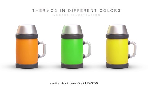 Collection of realistic thermoses with metal cup lids. Thermal mugs of different colors with handles. Isolated vector image with shadows. Tourist utensils for drinks