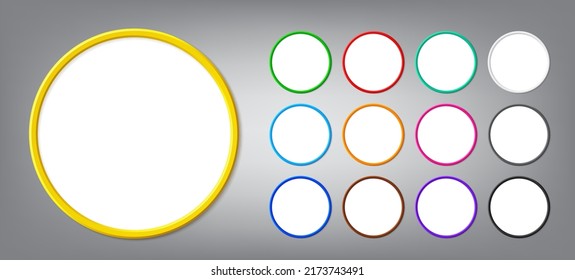 Collection of realistic thin round photo frame mockup with shadow. Modern vector 3d graphic illustration. Blank circle border for business and marketing concept presentation