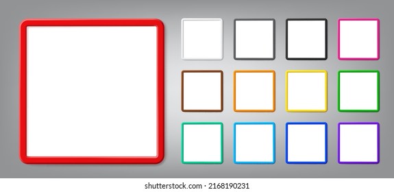 Collection of realistic thin square frame mockup with shadow. Modern vector 3d graphic illustration. Blank photo border with rounded corners for business and marketing concept presentation