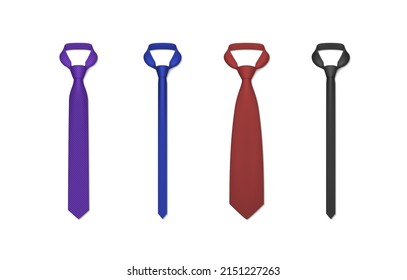 Colección realista de lazos masculinos atados diferentes forma de ilustración vectorial. Ponga a la moda el accesorio de guardarropa masculino para el acoplamiento de collar al estilo de negocio formal. Cuchillo de tela de corbata elegante