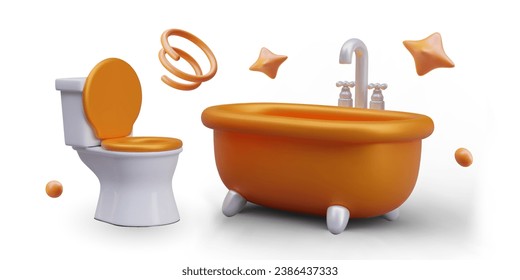 Colección de realistas baños y baños con elementos naranjas. Baño, limpieza e higiene, concepto de procedimientos de agua. Ilustración vectorial en estilo 3d