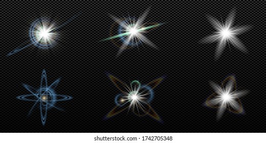 Collection of realistic transparent vector stars. Isolated glowing light effects. Sparkling and shining stars, flashes of light, abstract flashes, bright highlights.