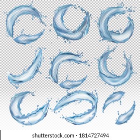 Collection realistic of transparent water splashes from different angles. 3D vector icon. 
