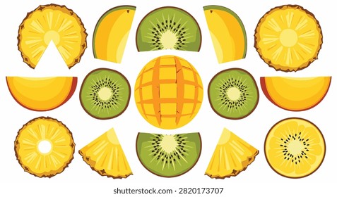 Collection of realistic tropical fruit vector illustrations including pineapple rings and wedges, kiwi fruit halves and slices, and mango cubes and segments isolated on white.