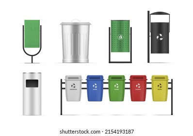 Collection realistic types of street trash cans template vector illustration. Set public outdoor recycling garbage, waste dumpster isolated. Utility and sorting basket containers rubbish separation