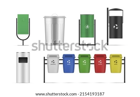 Collection realistic types of street trash cans template vector illustration. Set public outdoor recycling garbage, waste dumpster isolated. Utility and sorting basket containers rubbish separation