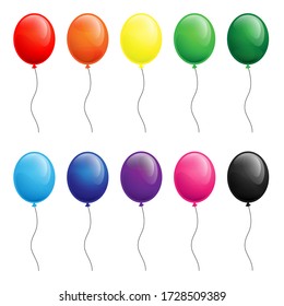 Collection of realistic vector helium balloons (red,  yellow, purple, blue, green, pink, black) for birthday, party, balloon flight celebration
