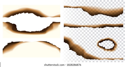 Collection of realistic vector paper burnt holes and scraps edges scorched isolated on transparent background. Burnt page edges and corners. Destroyed paper or parchment with cracked and dirty borders