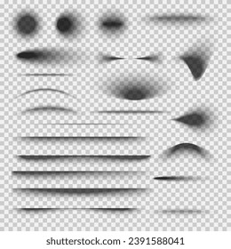 Collection of realistic vector shadows on isolated transparent background. Set of design elements or web page and object, banner, postcard, business card, flyer, poster. Dividing lines, circles 