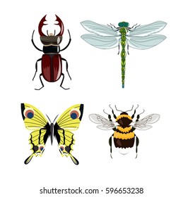 Collection of realistic volumetric bright insects. Dragonfly, bumblebee, beetle, butterfly. Vector illustration, isolated on white background.