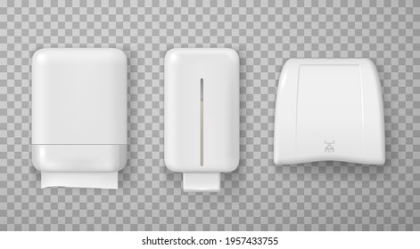 Collection of realistic wall hand dryer dispenser with soap and paper towel vector illustration. Set of hygienic equipment for bathroom isolated on transparent background. Antibacterial sanitizer