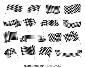 Collection realistic waving checkered flags vector illustration. Set traditional finish and start automobile motorcycle race isolated on white. Sports competition equipment for motocross racing