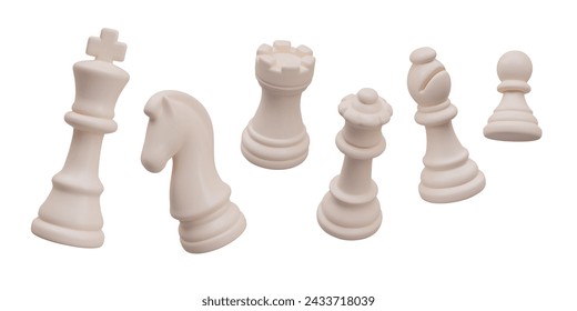 Collection of realistic white chess pieces in floating position