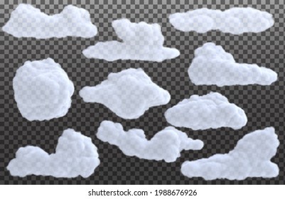 Colección de nube blanca realista aislada en un fondo transparente. Elemento de diseño brillante. Ilustración vectorial.