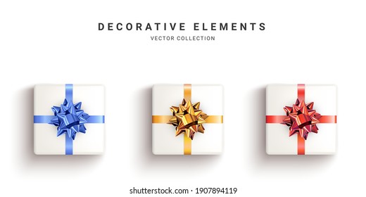 Collection of realistic white gift boxes, decorative presents isolated on white background. Top view. Vector illustration.