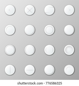 Collection of realistic white round buttons with different surface texture. Set of isolated circular design elements for website, mobile application interface. Modern monochrome vector illustration.