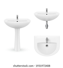 Collection of realistic white sink with faucet for bathroom and restroom vector illustration. Set of classic ceramic oval washbasins with water tap front top view isolated. Porcelain washstand