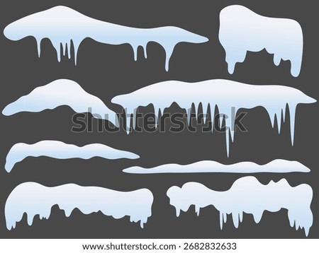 Collection of realistic white snow caps and melting icicles hanging from a roof or ledge. Winter elements perfect for holiday, Christmas, and cold weather graphic designs or backgrounds