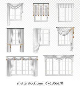 Collection of realistic windows with curtains in classic style eight flat isolated images on transparent background vector illustration