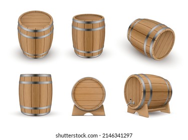 Collection realistic wooden barrels different sides for liquid storage and carrying vector illustration. Set vintage rum bar containers on rack with faucet hoop isolated. Aging alcohol beverage cargo