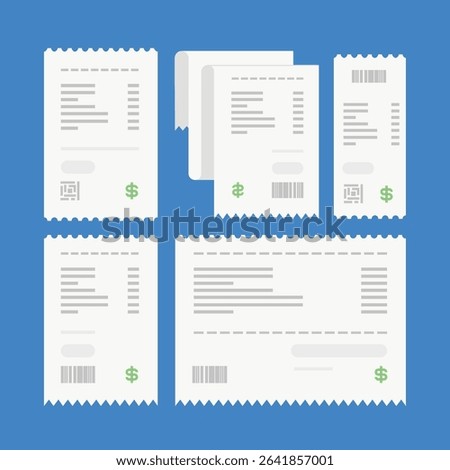 collection of receipts in size and shape. payment note isolated on colored background. Paper receipt icon concept.