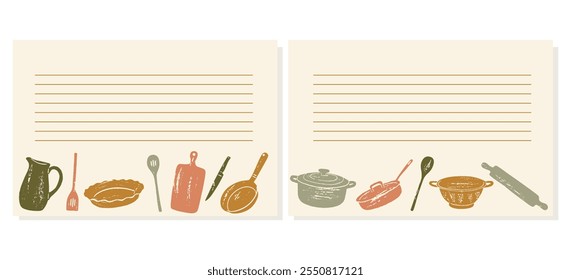 Collection of recipe card or sheet templates for making notes about meal preparation and cooking ingredients. Empty cookbook pages.