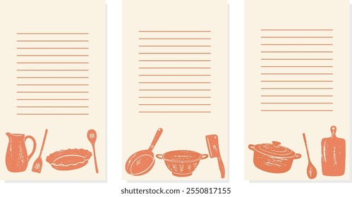 Collection of recipe card or sheet templates for making notes about meal preparation and cooking ingredients. Empty cookbook pages.