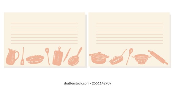 Collection of recipe card or sheet templates for making notes about meal preparation and cooking ingredients. Empty cookbook pages. =