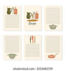 Collection of recipe card or sheet templates for making notes about meal preparation and cooking ingredients. Empty cookbook pages. 