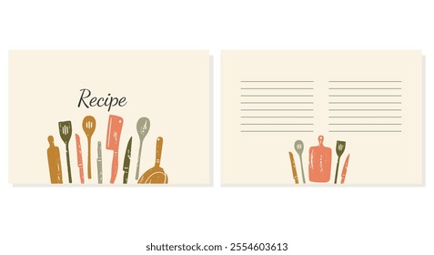 Collection of recipe card or sheet templates for making notes about meal preparation and cooking ingredients. Empty cookbook pages. 