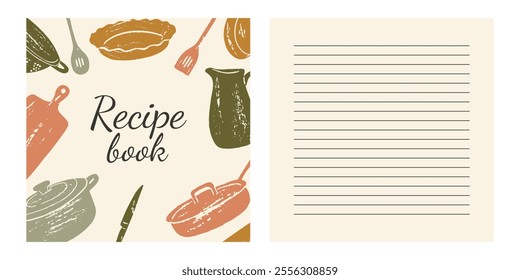 Collection of recipe card or sheet templates for making notes about meal preparation and cooking ingredients. Empty cookbook pages. 