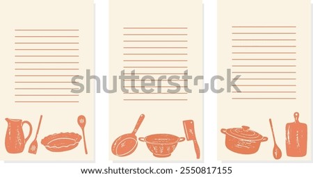 Collection of recipe card or sheet templates for making notes about meal preparation and cooking ingredients. Empty cookbook pages.