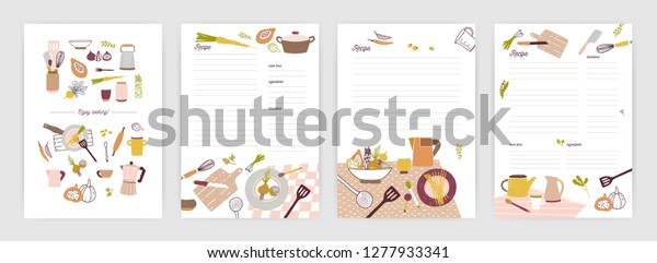 Collection of recipe card or sheet\
templates for making notes about meal preparation and cooking\
ingredients. Empty cookbook pages decorated with colorful crockery\
and vegetables. Vector\
illustration.