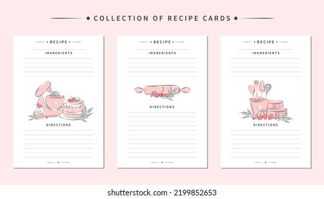 Colección de plantillas de tarjetas de recetas. Las páginas limpias del libro de cocina son mezclador decorado, herramientas de cocina y postre. Ilustración vectorial.