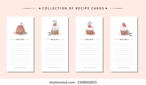 Collection of recipe card templates. Clean pages of the cookbook are decorated cakes and dessert. Vector illustration.