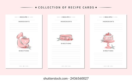 Collection of recipe card templates. Clean pages of the cookbook are decorated mixer,  kitchen tools and dessert. Vector illustration.