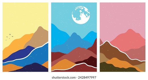 Collection of rectangular abstract landscapes. Moon, mountains. Japanese style. Modern layout, fashionable colors. Layout for social networks, banners, posters. vector illustration