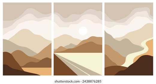 Collection of rectangular abstract landscapes. Moon, mountains. Japanese style. Modern layout, fashionable colors. Layout for social networks, banners, posters. vector illustration